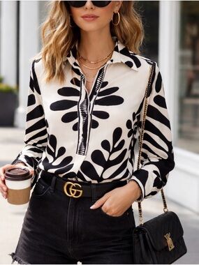 100% Silk Black & White Abstract Floral Button-Front Blouse - Women Tops